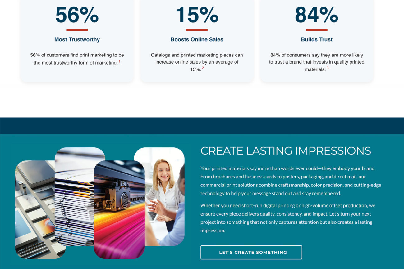 Associates International website section presenting campaign results and printing services