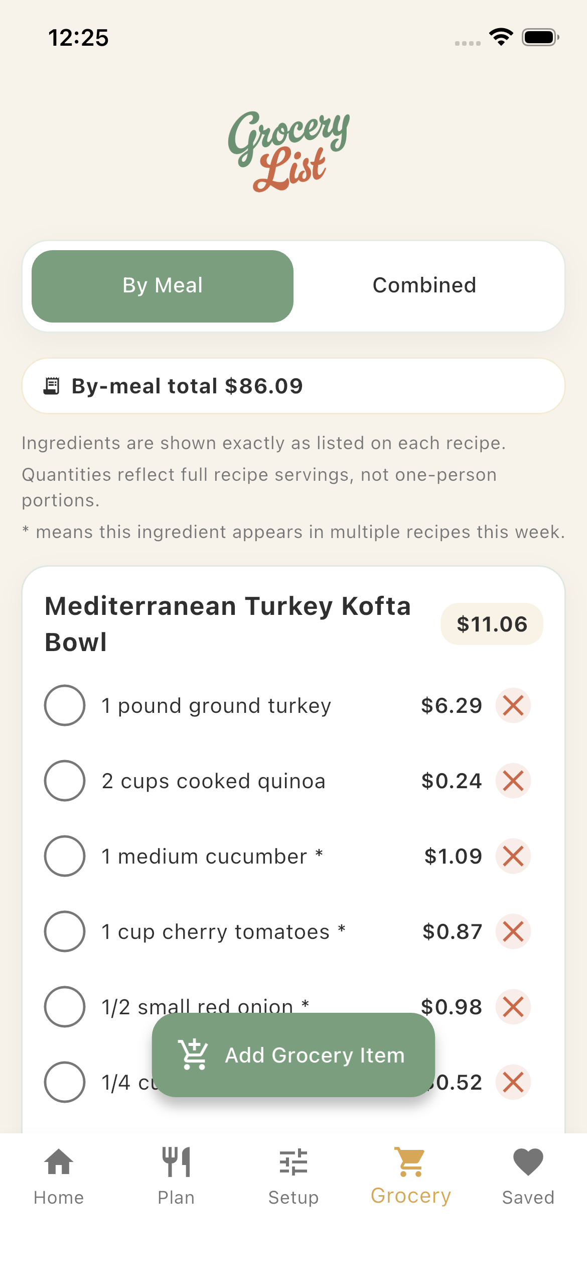 Dinner in Mind grocery list populated from recipes